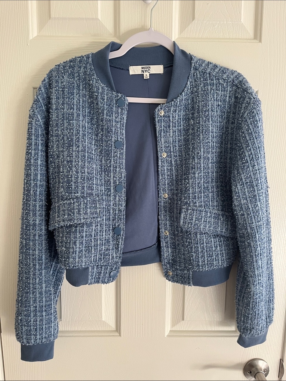Madison NYC Blue Tweed Bomber Jacket